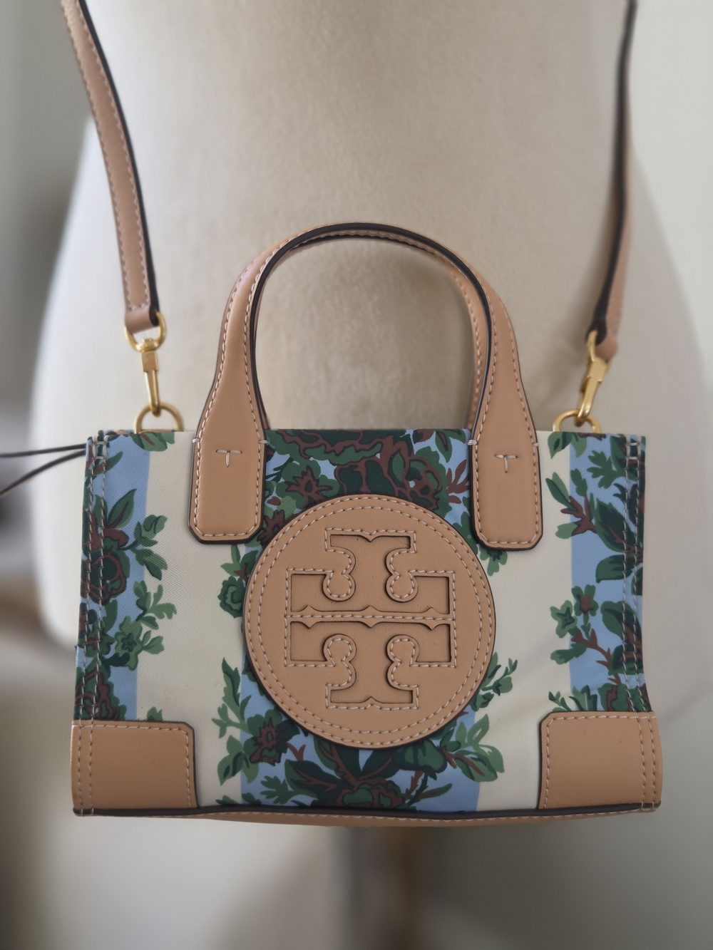 Tory Burch Blue Floral Crossbody with Tan Leather Trim